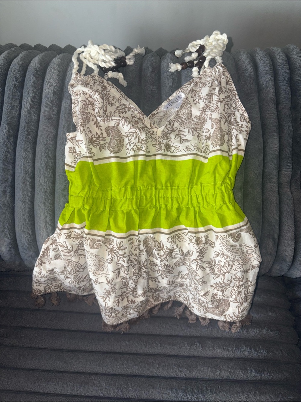 VENUS Cream and Lime Green Paisley Chemise with Braided Straps